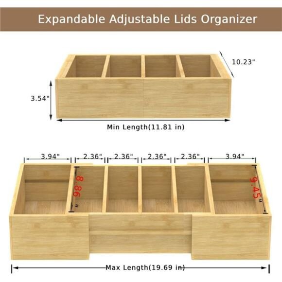 Expandable Kitchen Lid Organizer Bamboo Cabinet Drawer Pantry Storage with Divid - Picture 2 of 7